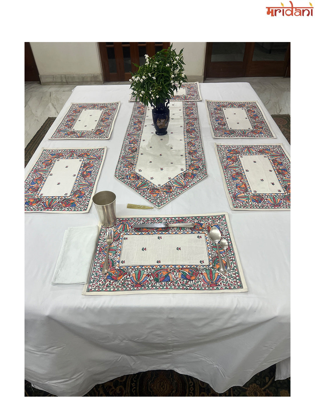 Hand-Painted Madhubani Table Mat Set- Exquisite Peacock with Lotus Design on White